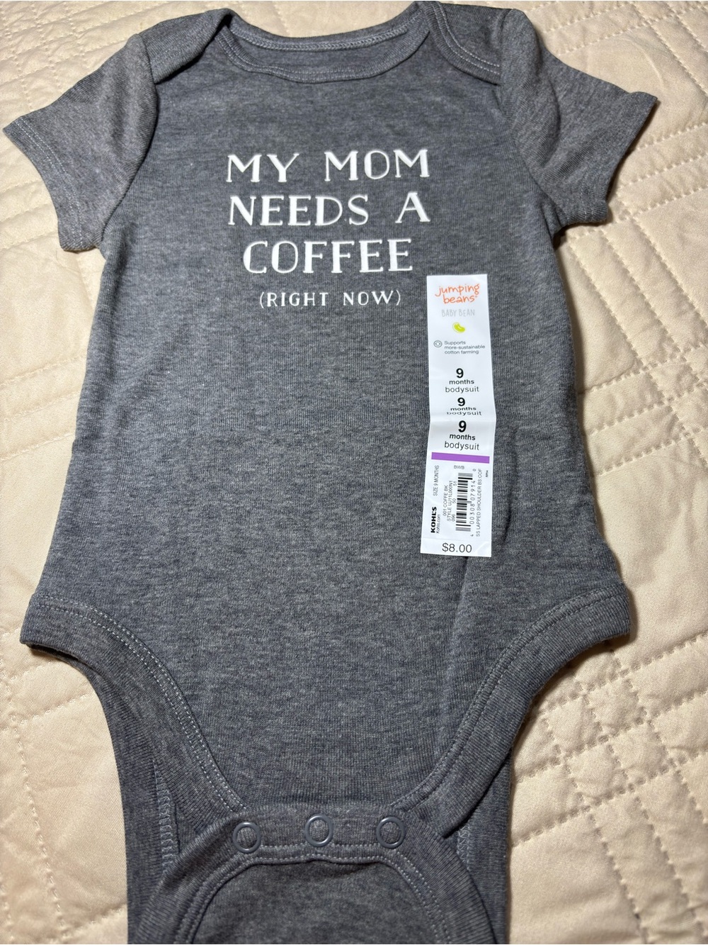 Jumping Beans 9M Gray "My Mom Needs a Coffee" Baby Onesie